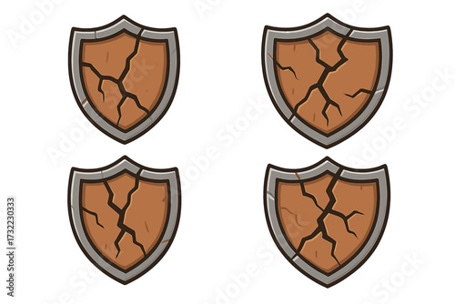 Set of cracked shield icons. Vector cartoon illustration for game interface. Broken ancient defense symbol. Damaged medieval protection element for fantasy UI asset design.