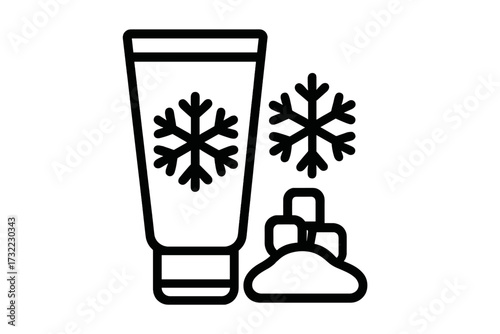 Cooling conditioner tube icon with ice and snow. Winter hair care concept. Soothing cosmetic gel with menthol. Cold therapy skin care pictogram. Frost effect beauty product.