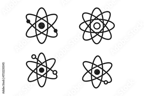 Atom icon set line art. Science, physics, chemistry symbols. Nuclear energy, molecule, electron orbit concepts. Editable stroke vector for web, apps. Research, education graphic.