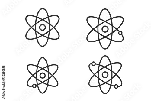 Atom icon set. Science symbol. Physics, chemistry line icons. Nuclear energy, molecule structure. Atomic model with electron orbit, nucleus. Vector pictogram for web, apps. Editable stroke.
