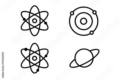 Atom, planet, and orbit line icon set. Science, physics, chemistry symbols. Vector illustration with editable stroke for web, apps, and print. Minimal outline design concept.