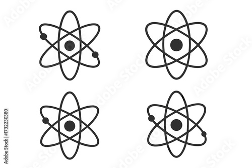 Atom line icon collection for science and technology. Vector symbols of nuclear energy, physics, and chemistry. Isolated nucleus, electron orbit, and particle structure graphic.