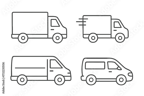 Delivery truck, van, vehicle linear icon set. Simple outline collection for logistics, shipping, transport. Commercial cargo car, minibus symbols. Editable stroke vector illustration.