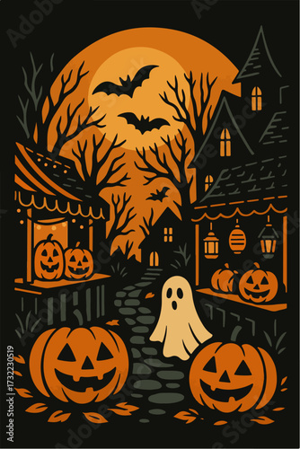 Old Town Alley on Halloween — Ghost, Pumpkins and Bare Trees (Vector)