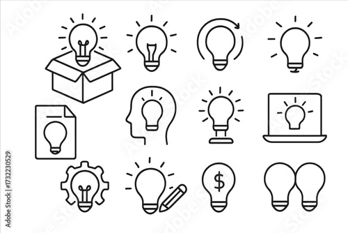 Idea and innovation line icon set. Light bulb concepts for business, startup, and creativity. Think outside the box, strategy, solution, and brainstorming vector pictograms.
