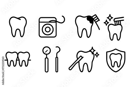 Dentistry line icon set. Dental care, oral hygiene symbols. Tooth, floss, caries, cleaning, whitening, protection, dentist instrument icons. Stomatology vector signs.