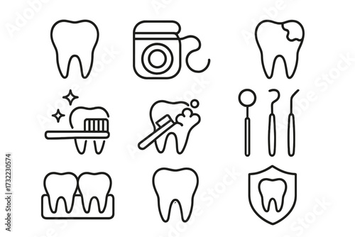 Dentistry line icon set. Dental care concepts like tooth health, brushing, flossing, caries, and protection. Vector signs for dentist clinic, oral hygiene, and web design.