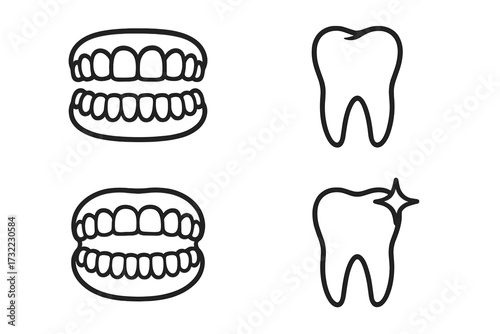 Dental care icon set. Tooth and dentition symbol. Clean healthy tooth with sparkle. Dentistry, stomatology concept. Oral hygiene. Mouth, jaw line art illustration. Vector logo.