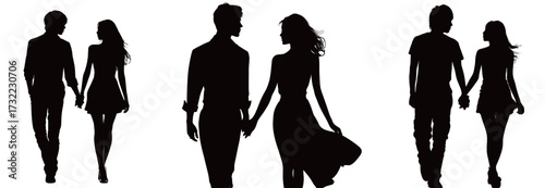 Two couples are walking together, holding hands and enjoying each others company. They are surrounded by a light background that enhances their silhouettes.