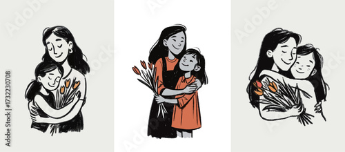 A mother and her daughter embrace warmly, surrounded by tulips. They share smiles and love, enjoying a special moment together in a lovely outdoor setting.