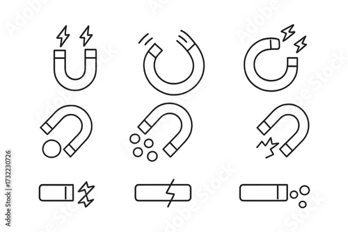 Magnet line icon set with editable stroke. Horseshoe and bar magnet vector pictograms. Physics science symbol of magnetic field, power, force, and attraction concept.