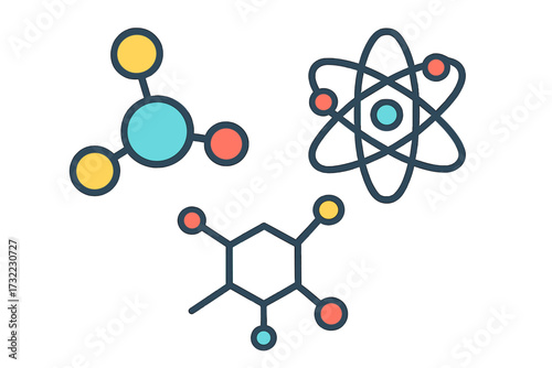 Collection of colorful science icons. Atom, molecule, and chemical bond symbols. Flat vector for chemistry, physics, research, and technology concepts. Scientific element set.