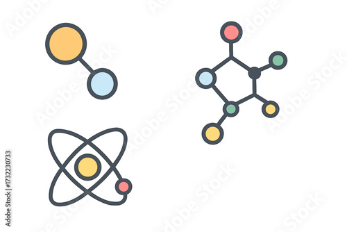 Science and chemistry icon set. Flat vector graphics of atom, molecule, and complex formula structure. Physics particle, nucleus, and electron orbit symbols for education.