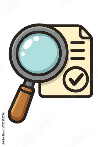 Magnifying glass icon over document. Audit and inspection symbol. Concept of review, verification, quality control, and approval. Research and analysis icon with checkmark. Vector.
