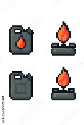 Pixel art icon set. Gas can, jerrycan, canister with fuel, gasoline. Fire, flame, burner icon. 8 bit video game sprite sheet. Survival, danger concept. Flammable object.