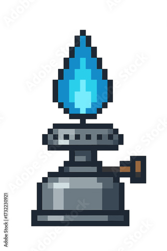 Bunsen burner pixel art icon. Gas burner with blue flame. Laboratory equipment for science, chemistry experiment. Retro 8-bit video game sprite style. Research symbol. Vector.