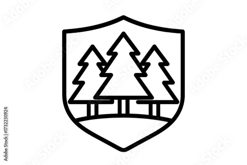 Concept of nature protection and security. Forest shield line icon with three pine trees. Vector emblem for conservation, ecology, and environment. Forestry or national park logo.