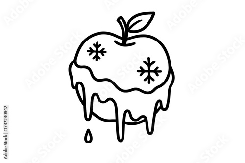 Frozen apple icon with snow and melting ice. Winter fruit concept. Cold food storage. Linear vector illustration for graphic design. Fresh food preservation with snowflakes.