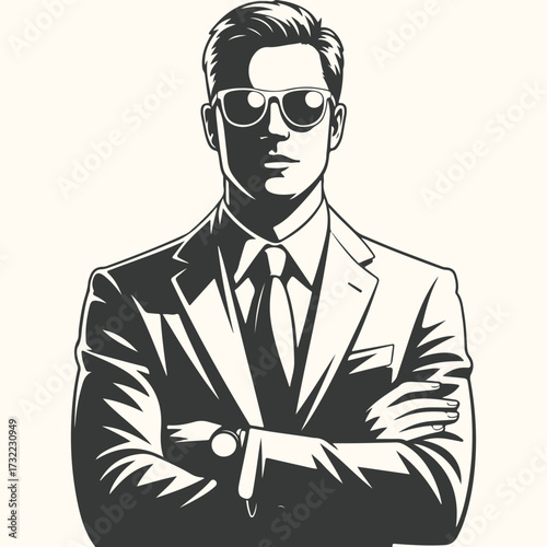 Vector art of a stylishly dressed man in a suit and sunglasses, with his arms crossed, exuding confidence and professionalism, perfect for business or corporate themes