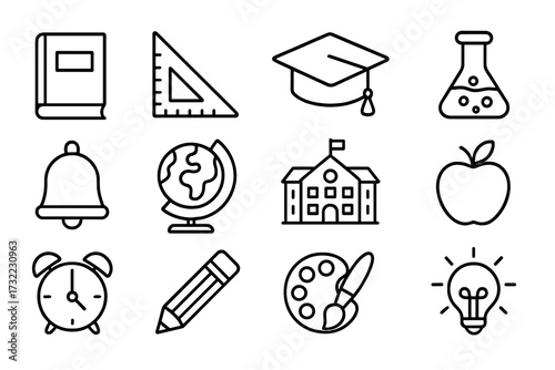 Education and school thin line icon set. Back to school concept. Collection of learning and knowledge symbols. Vector illustration for web, app, ui. Science, art, study items.