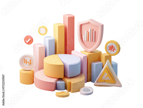 Business Risk Management Strategy with Icons and Charts, Modern 3D Illustration, Isolated on Transparent Background