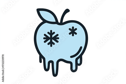 Frozen apple icon vector outline illustration. Cold fruit with melting ice and snowflakes. Concept for winter food, freezing fresh produce, healthy diet, cool dessert design.