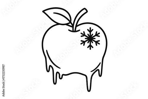 Frozen apple outline icon, a linear vector illustration. Melting fruit with dripping ice and a snowflake symbol. Concept for cold storage, winter harvest, or preserved food.