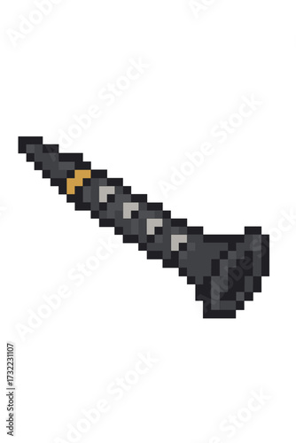 Clarinet pixel art icon for games. 8-bit music instrument vector. Woodwind orchestra, jazz, classical audio symbol. Retro gaming asset sprite. Isolated musical design element.