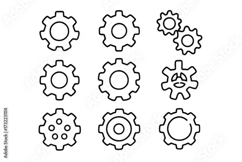 Gear and cogwheel line icon set. Collection of outline cog symbols. Mechanical engineering signs for settings, options, and preferences. Machine process and progress concept.