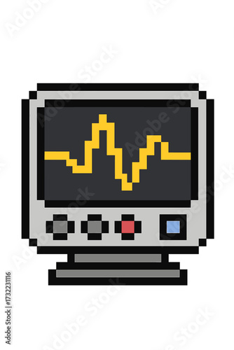 Pixel art heart rate monitor icon. 8-bit EKG display showing pulse. Retro video game style cardiogram. Medical healthcare equipment for hospital, emergency. Lifeline heartbeat.