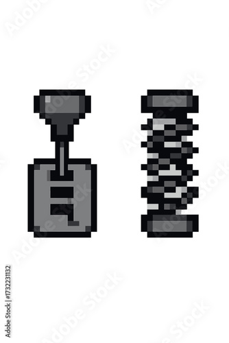 Car parts pixel art icon set. Automatic transmission gear shifter and shock absorber spring. 8-bit video game sprite. Automotive mechanic symbol. Vector illustration.
