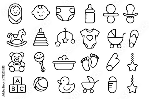 Newborn baby line icon collection. Parenthood and childcare vector symbol set. Includes stroller, diaper, bottle, pacifier, toy. Editable stroke pictogram for baby shower.