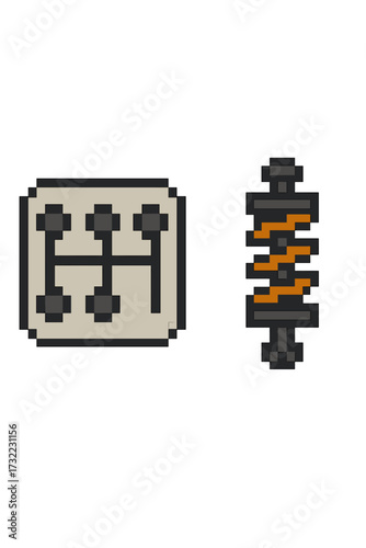 Car parts pixel art icon set. Manual transmission gear shift scheme and shock absorber. Automotive mechanic service symbol. Retro 8-bit video game style vector graphic element.