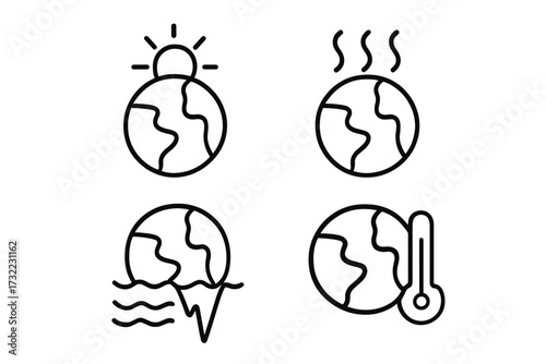 Global warming climate change icon set. Planet earth ecology problem. Hot temperature, melting glaciers, sun heat, sea level rise. Vector linear minimalistic pictogram collection.