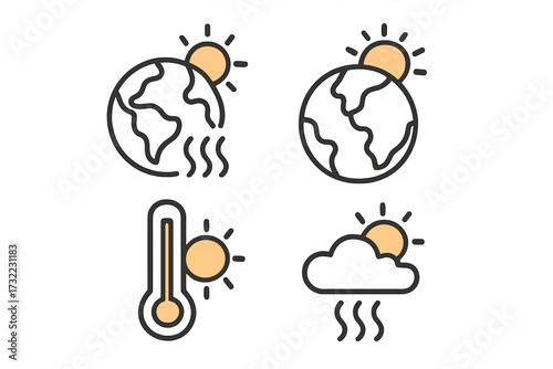 Global warming and climate change color line icon set. Planet earth heat, hot sun, high temperature thermometer. Weather forecast symbols. Ecology and environment vector signs.