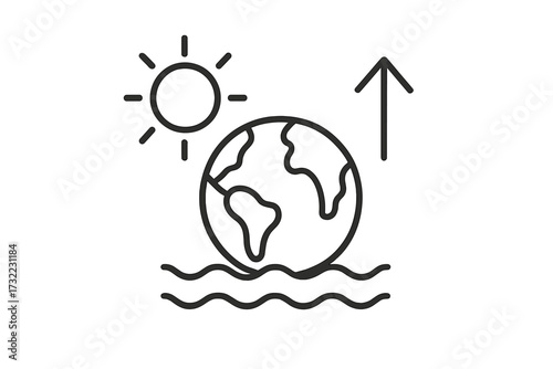 Global warming and climate change concept. Sea level rise and temperature increase icon. Planet Earth sinking in water. Environmental disaster and ecology problem line vector.