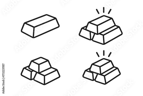 Gold bars outline icon set. Vector collection of bullion ingots. Financial concept of wealth, savings, and investment. Shiny treasure stack for banking and economy design.