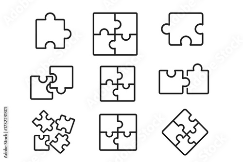 Jigsaw puzzle outline icons set. Metaphor for teamwork, solution, connection, and business strategy. Simple line art vector illustration for concepts of challenge & collaboration.
