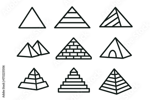Pyramid icon set vector collection. Line art triangle shapes for business hierarchy, marketing funnel, financial growth charts. Simple Egypt travel landmark sign. Infographic.