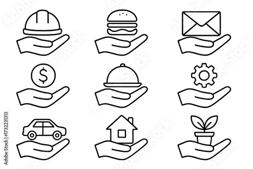 Hand offering services line icon set. Concepts of insurance, support, care, charity, giving. Includes house, car, money, food, helmet. Outline vector pictograms for web.