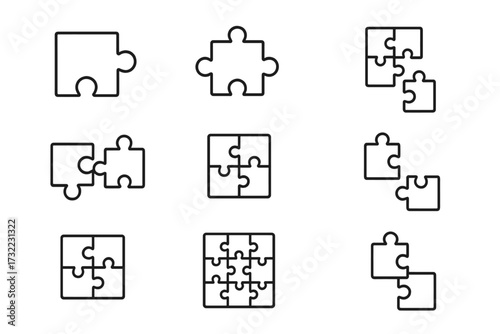 Jigsaw puzzle line icon set. Editable stroke vector collection. Concepts of connection, solution, strategy, teamwork, partnership, problem solving, logic game, and assembly.