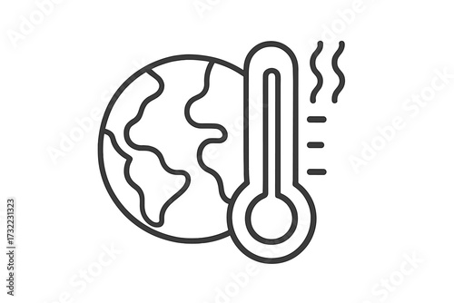 Global warming concept with planet Earth and hot thermometer. Climate change icon. High temperature, fever. Ecology and environment care symbol. World heat problem vector line art.