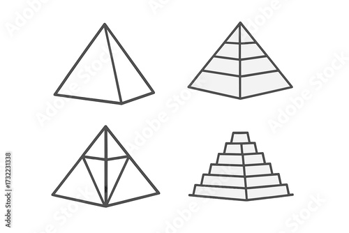 Pyramid outline icon set. Thin line vector symbols for design. Simple linear geometric shapes for infographics. Concept of hierarchy, structure, levels, or stages. Abstract.