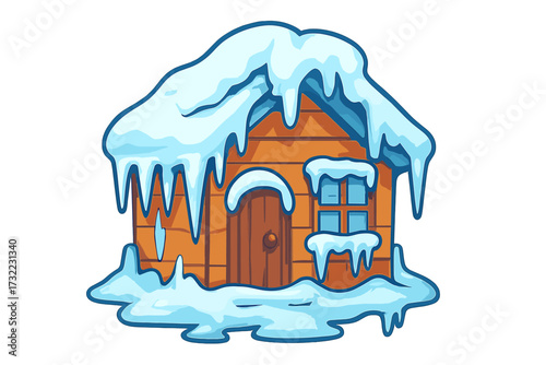 Frozen house icon covered in snow and icicles. Winter weather concept. Vector cartoon illustration of a cold wooden cabin or cottage. Freezing temperature and snowstorm.
