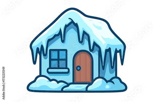 Frozen house vector icon. Snow covered home cartoon illustration. Winter season, cold weather, freezing real estate concept. Ice, snowdrift, icicles on building exterior.