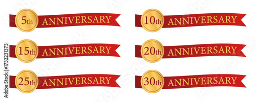 アニバーサリー周年記念  赤いリボン付きセット ベクター素材（5周年・10周年・15周年・20周年・25周年・30周年）