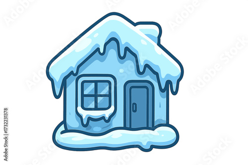 Cartoon frozen house icon, icy snow-covered roof, winter home isolated illustration, frosty shelter, blue building vector, cold weather architecture, ice icicle outline, digital graphic resource