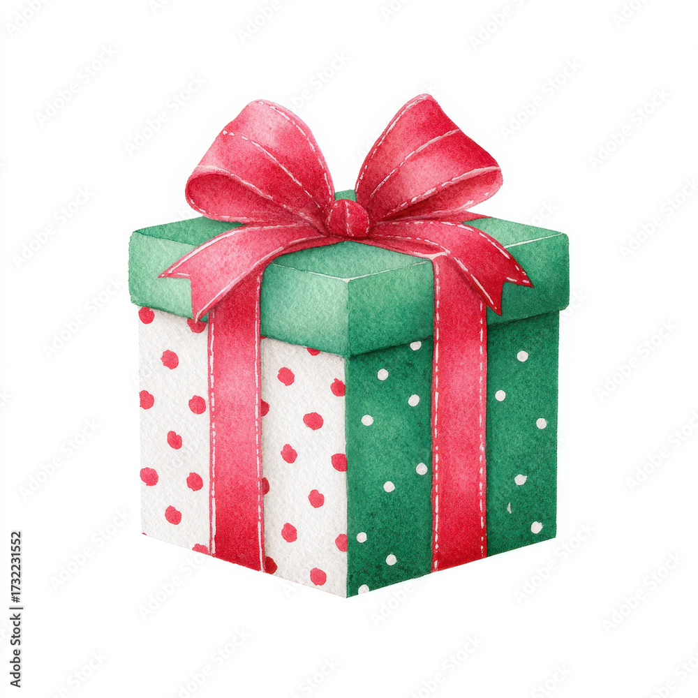 Fototapeta premium Watercolor christmas gift box with red ribbon and bow green lid and festive polka dot pattern evokes joyful holiday spirit perfect for seasonal decoration or greeting card design