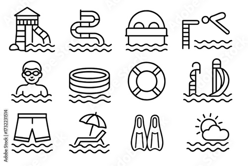 Water park line icon set. Summer swimming pool activity. Aqua park leisure. Swimmer, water slide, lifebuoy, flippers, diving board. Vacation resort outline pictogram.
