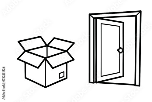 Open cardboard box beside open door. Moving, relocation, delivery, entrance, access, opportunity, concept. Vector line art design for apps, graphics, web, packaging, logistics, cartoon illustration.